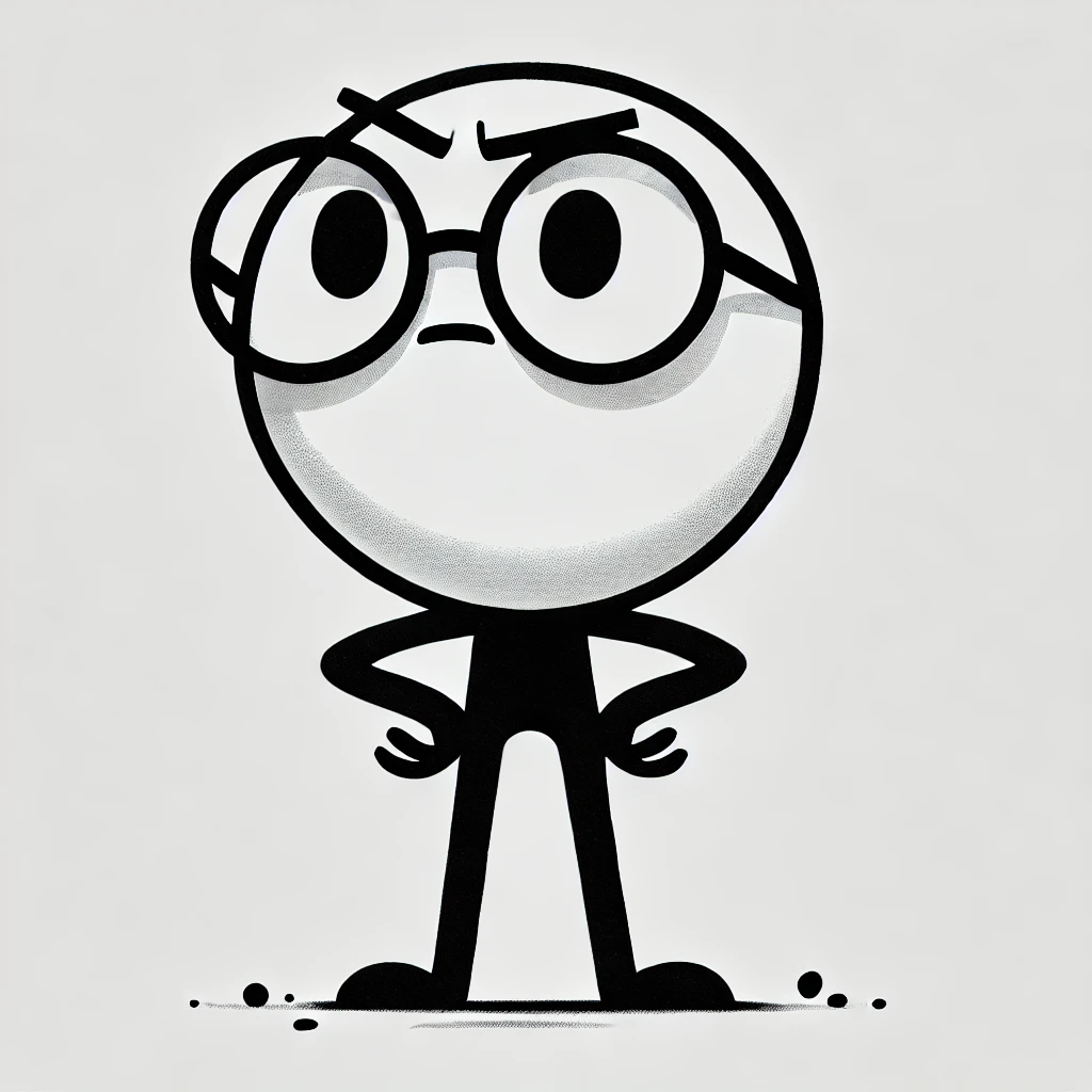 DALL·E 2025-03-24 16.41.32 - A minimalist black and white cartoon-style character design. The character has a large, expressive round face with a frustrated and determined express.webp