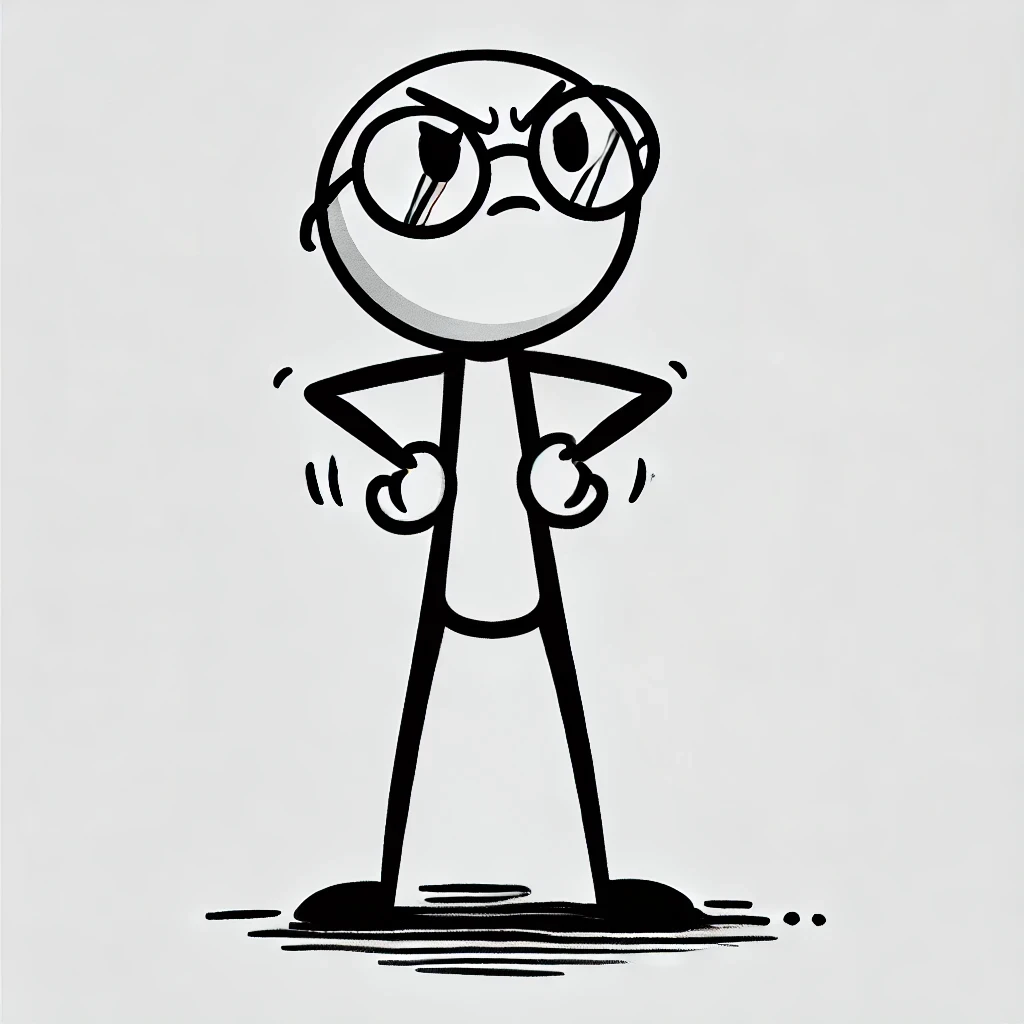 DALL·E 2025-03-24 09.25.41 - A thin stick figure character with a large round head, round glasses, and an expressive, thoughtful face. The character's body is drawn as a single th.webp